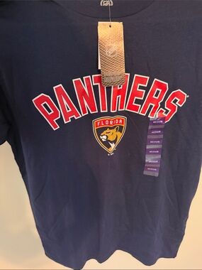 NHL Florida Panthers Navy Tee with Red Lettering and Gold Crest
